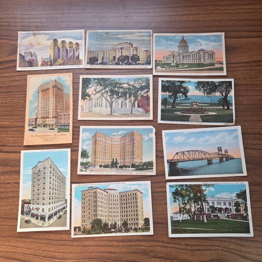 Vintage Postcard Lot 10pc Linen Litho Hotels Landmarks Houston New Orleans 1930s